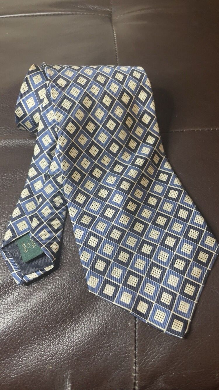 Vintage J.Crew Silk Tie Blue Cream Geometric Diamond Pattern 90’s Green Label